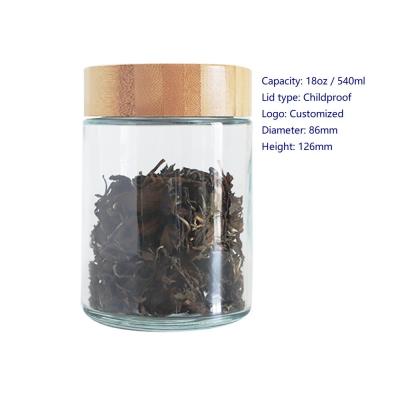 China 18oz Bamboo Lid Glass Jar Childproof Marijuana Packaging Big canabiss Flower Jar for sale