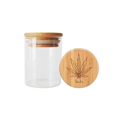 China Tarro ancho de cristal de madera de la flor del cáñamo de la boca del tarro 1-18oz de Borosilicate de la tapa de la succión en venta