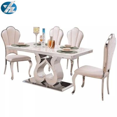 China Hot Selling Modern Stainless Steel Marble Top View Dining Table Set Wedding Hotel Restaurant Furniture for sale