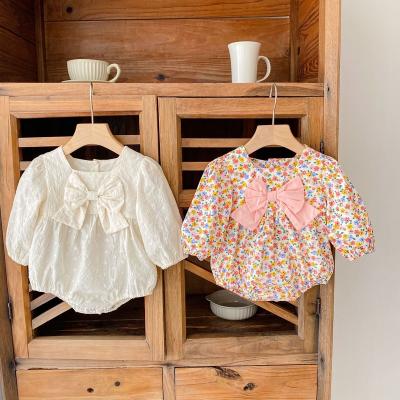 China 100% Cotton Autumn Long Sleeve Baby Rompers Wholesale Print With Large Bow Baby Girl Romper for sale