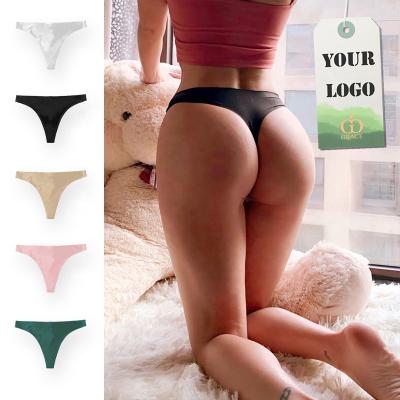 China Breathable OEM Customized Seamless Panties Logo Printed Traceless Designer Private Label Thongs Sexy Satin Silk Tangas For Ladies for sale