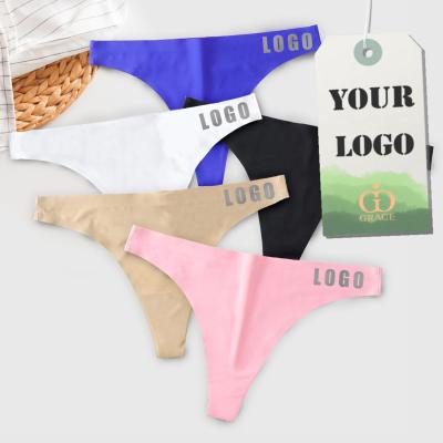 China Breathable Custom Letter Logo Ice Silk Traceless Tangas No Underwear Women Custom Show Panties Women's Private Label Bikini Thongs Seamless for sale