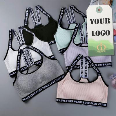 China Wholesale Breathable Custom Stock Crop Logo Letter Print Fitness Seamless Comfort Pad Cotton Top Vest Tops Women Sports Bra for sale