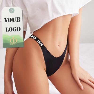 China Custom Breathable Logo Seamless Black No Show Branded G - String Printed Womens Sexy Underwear Thong for sale