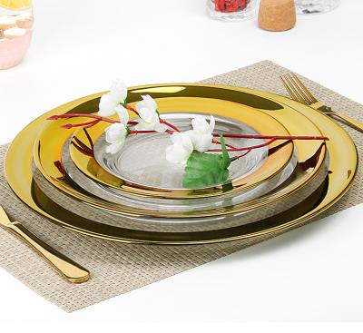 China Hot Selling Disposable Wedding Gold Rim Clear Glass Charger Plate Silvery for sale