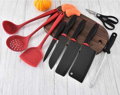 China Hot Selling Viable 6 Pcs Stainless Steel Kitchen Knife Set And Silicone 3pcs Cookware Set With Kitchen Tool Base for sale