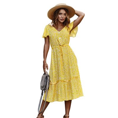 China Summer Breathable Clothes For Women Polka Dot Print Floral Dress Casual Solid Color Dresses Lotus Leaf Sleeve Elegant Dresses For Women for sale