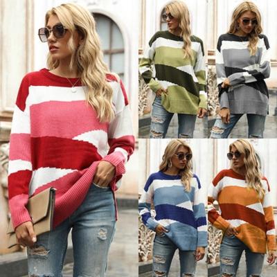 China 2020 Instock Amazon Style Warm Irregular Stripes Anti-Shrink Autumn/Winter Women's Knitwear Matching Color Sweaters for sale