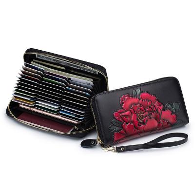 China Waterproof China style flower metal theft wallet large capacity genuine leather card holder new long fashion wallet anti for sale