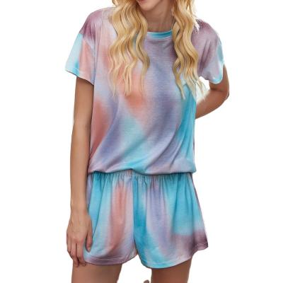 China Spring&summer breathable hot sales star print short pajamas tie dye two piece shorts set ladies sleepwear for sale