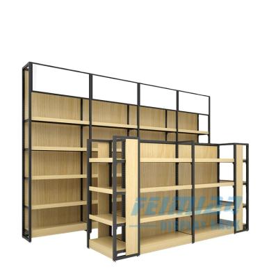 China Custom Size Supermarket Shelving Combination Store Display Stand Metal Racks Double Sided Multi-Layer Wood Side Shelf Advertising Double Shelf for sale