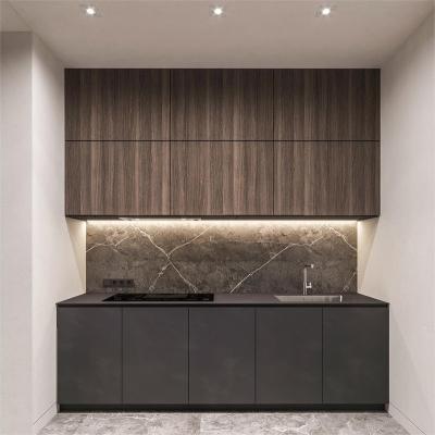 China PANEL Customized Dark Gray Wood Grain Kitchen Minimalist Cupboard Kitchen for sale