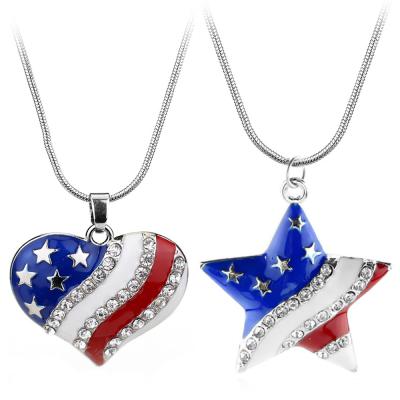 China Designer Crystal Chains America Independence USA National Flag Pendant Necklaces Vintage Necklace Jewelry Heart Star Flag for sale