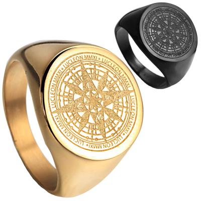 China Fashion Religious Wholesale Mens Stainless Steel Vintage Compass Seal Vintage Ring Men Designer Compass Mystery Jewelry Round Rings for sale