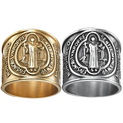 China Brand Holy Ring Exorcist Pull Finger Band Exorcism Rings Vintage Religious Mens Stainless Steel Wide Christian Saint Benedict Ring Mens for sale