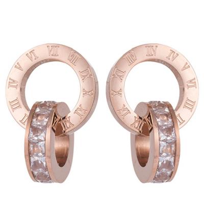 China Elegant Roman Numerals Double Rings Stainless Steel Women's Brincos Stud Earrings Vintage Earring Diamond Shine Cz Rose Gold For Women for sale