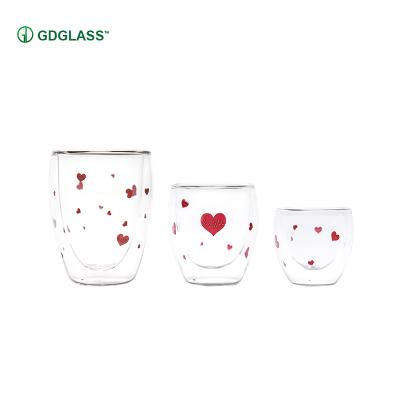 China Viable 350ml Double Wall Clear Love Printing Glass Mug Heat Resistance Glass Coffee Mug for sale