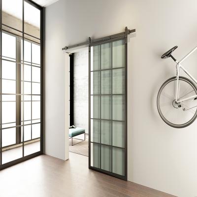 China Sliding Iron Doors Black Metal Frame With Mirrored Frosted Glass Panel Sliding Barn Door for sale