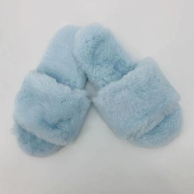 China Leisure High Hope Women's Cross Stripe Blue Furry Slippers Home Shoes Rabbit Faux Fur Indoor Comfortable Slipper for sale