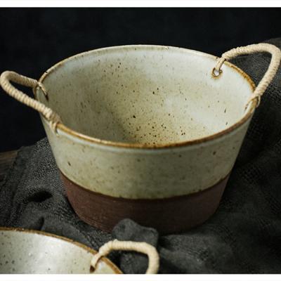 China Pottery Deep Soup Bowl Large Retro Style Props Double Ear Shot Tableware Viable Custom Made Japanese Raw Simple Ceramic Rope Handle for sale