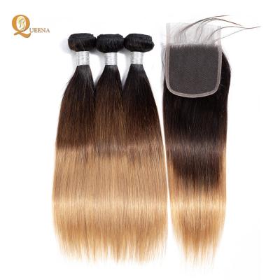 China Can Be Dyed And Bleached 3 Tone Color Ombre Hair 1b/4/27 Closure With Hair Weave Bundles Ombre Hair Extensions for sale