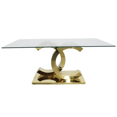 China Large Stainless Steel Table Tempered Glass Metal Base Dining Table for sale