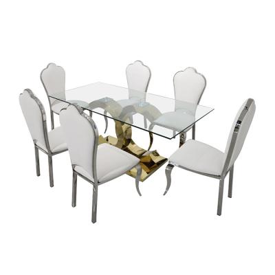 China Modern Stainless Steel Glass Furniture Dining Dining Table Modern Glass Marble Long Dining Table Set for sale