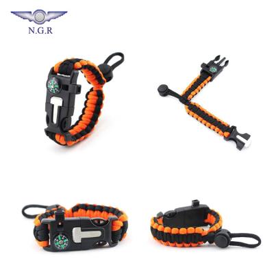 China Muti-function adjustable hiking bracelet and equipment survival outdoor camping with flint firestarter whistle and compass for sale