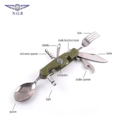 China Wholesale Multifunctional Compass Survival Tool with LED Light Bottle Opener Knife and Dinner Utensils for Outdoor Camping Hiking for sale