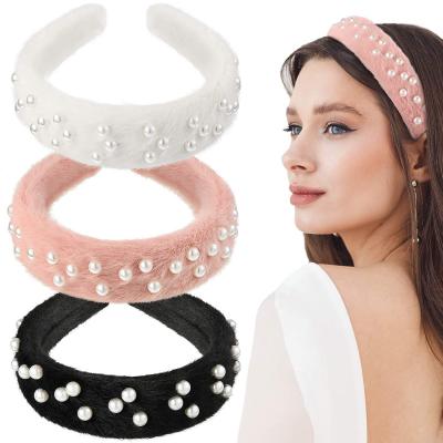 China Comfy Soft Furry Headbands For Luxury Hair Girls Luxury Hair Makeup Girls Skin Care Makeup Women Designer Women's Winter Hairband Pearl Accessory Headband for sale