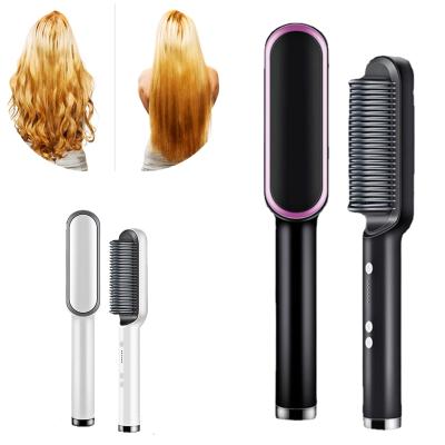 China Adjustable Heat Settings / 2 Scrubbers in 1 Set Portable Electric Ceramic Hot Straightening Styling Professional Hair Straightener Comb Iron Hair Curler Straightener for sale