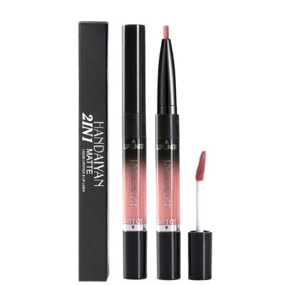 China Moustrizing/Long Time Dipped 2 In 1 Set Non-fading Non-stick Liquid Lipstick Liner Double Head And Lip Gloss Lip Liner Pencil 14 Colors Makeup Lip for sale