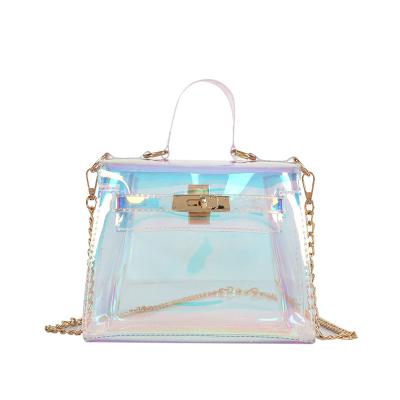 China 2020 New Fashion Korean Simple Holographic Chain Bag Laser Reflective Transparent Square Small Purse With Lock for sale