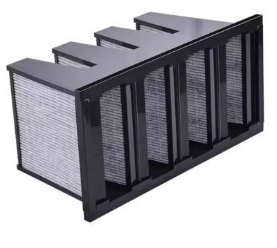 China Filtros de aire compactos para sistemas HVAC Filtro de fibra de vidrio de carbono V Bank Filtros Hepa en venta