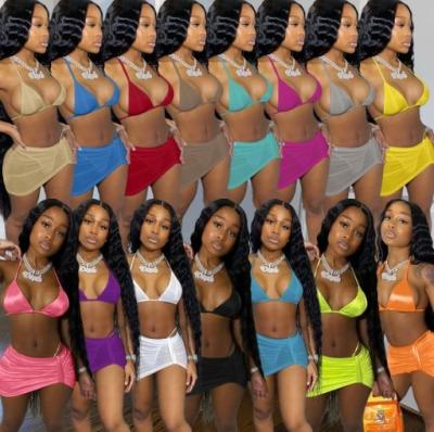 China New Arrival Summer Bikini Breathable Multi Colors Three Piece Set Women Mini Skirt Sexy Swimsuit Cover UpsFor Swimwear for sale