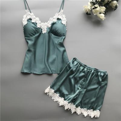 China Logo Cami Top And Shorts Custom Made QUICK DRY Sleep Wear Pijama Lace Summer Women Satin Pajamas Set for sale