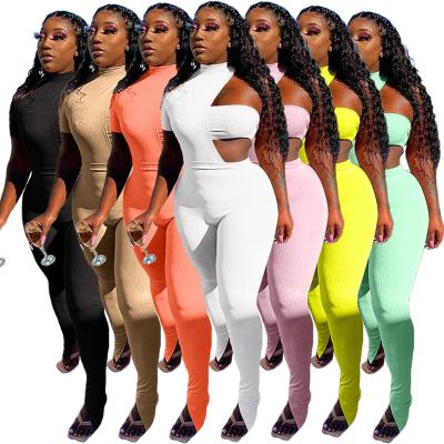 China 2021 Anti-Wrinkle Hot Selling Breast Wrap Suit Ladies Sleeveless Irregular One-Piece Jogger Three Piece Set for sale