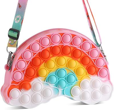 China Cartoon Soft Stress Reliever Silicone Cross - Body Push Bubble Zipper Bag Mini Poping Fidget Toys Purse Rainbow Bag for sale