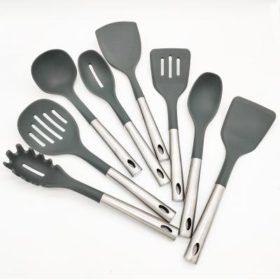 China Viable Logo Custom Silicone Stainless Steel Cooking Tools Kitchen Gadgets Hang Hole Design Utensils Set for sale