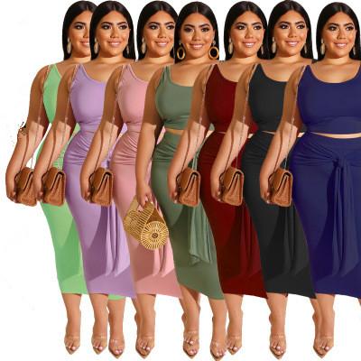 China Fashionable Wholesale 7 Colors Anti-Static Plus Size Casual Dresses Solid Color Slim Two Piece Dress Set Women Clothing 5XL for sale