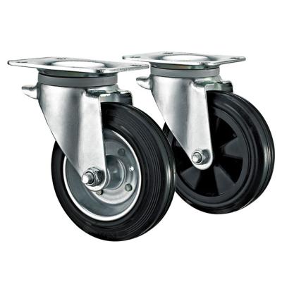 China Flat Core Heavy Duty Indurative Outdoor Industrial Black Caster 6 Caster 8inch Waste Bin Rubber Caster Wheels for sale