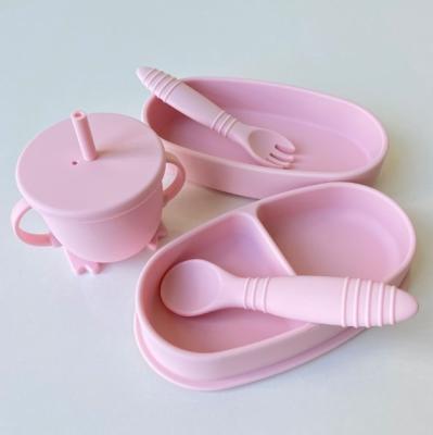 China 100% Viable High Quality Food Grade Silicone Suction Cup Spoon Fork Cup Dish Baby Dinnerware Portable Divided Set for sale