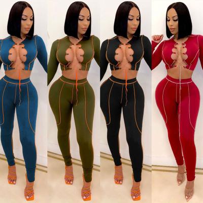 China 2021 New Style Spandex/Polyester Women Clothing Hollowed-out Straps Pants Sexy Two Piece Set for sale