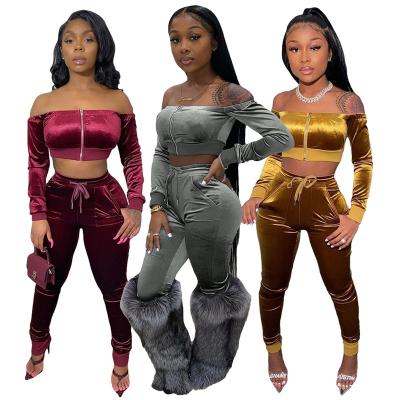 China New Winter Breathable Women Autumn Velvet Tracksuit Zipper Off The Shoulder Crop Top And Tapered Elastic Waist Pants Two Piece Set Velvet for sale