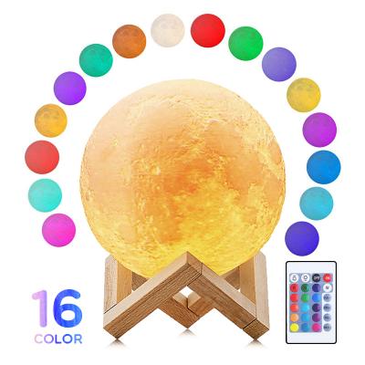 China Modern 16 Colors Moon Lamp Multi Size 3D Printing Rechargeable 3D Night Light With Remote And Touch Control Wooden Stand for sale