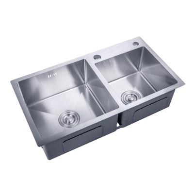 China Without Faucet Hot Sale Undercounter Hand Produced 2 Bowls SUS304 Stainless Steel Water Washing Trough Tank Kitchen Sink for sale