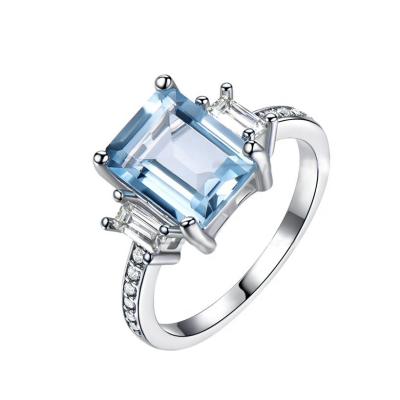 China Hot Selling Unique Design S925 Sterling Silver Jewelry Aquamarine Cubic Zirconia Ring CLASSIC for sale