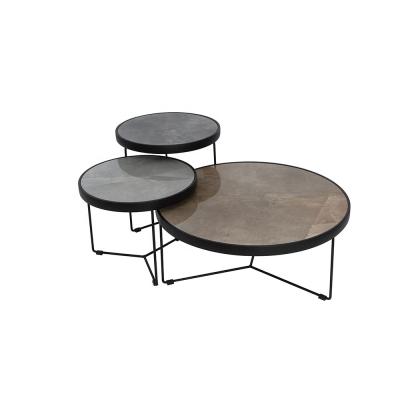 China Elegant KD Table Base Design Metal Frame Layering Nesting Around Shiny Ceramic Tea Coffee Table Set for sale