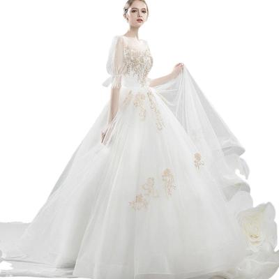 China CLF 2021 New Anti-Static Tail Princess Tail Dress Slim Bridal Wedding Dress Puff Sleeve Wedding Dress for sale