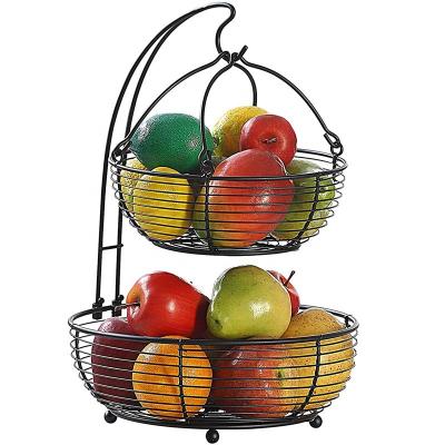 China Sustainable Multifunction 2 tier Black Fruit Basket with Banana Hook for sale